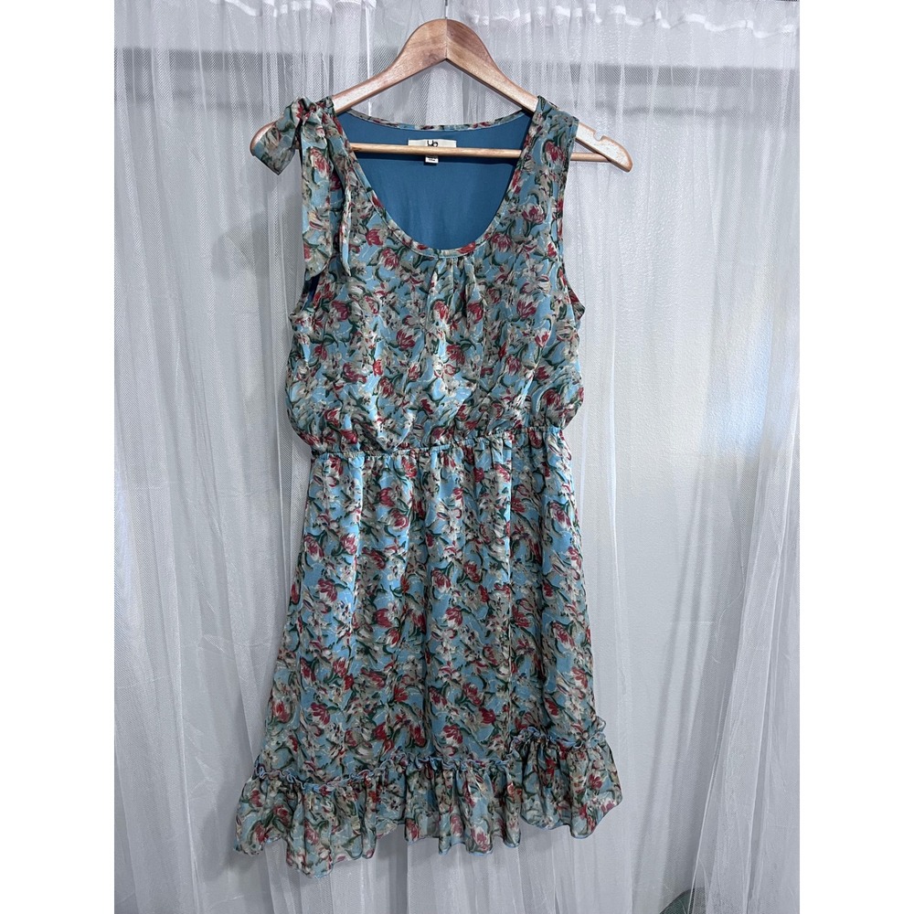 YA Los Angeles Womens Blue Floral Tie Shoulder Elastic Waist Ruffle Mini Dress M